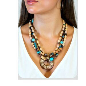 Eclectic boho beaded turquoise & brown necklace and earring set. NWT